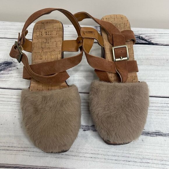 KORKS Wendy Taupe Rust Fur Suede Combo Fabric Platform Sandals 9 - Picture 2 of 9